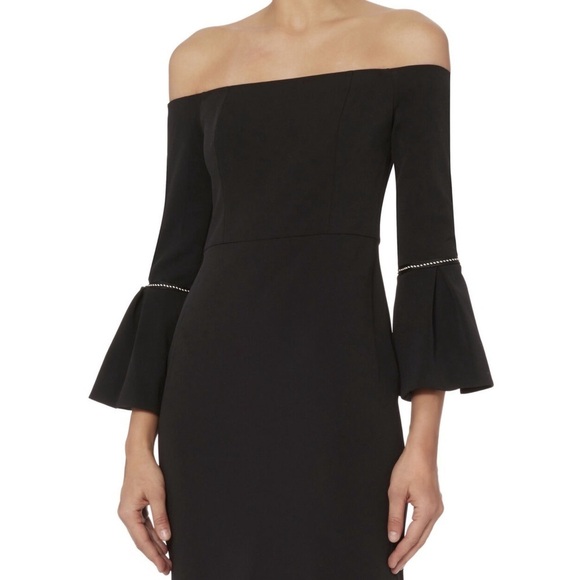 ALEXIS Off Shoulder Embroidered Trim Flared Bell Sleeve Crepe Sheath Dress XS - Picture 3 of 10